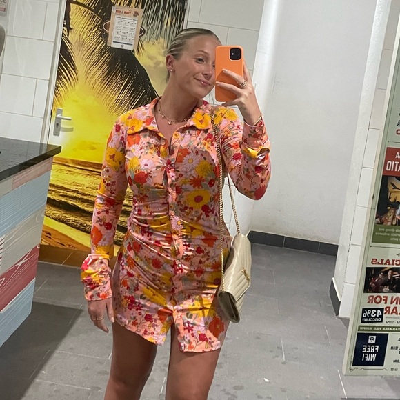 Wild Fable Long Sleeve Button-Front retro floral Knit Bodycon ruched dress - Picture 2 of 5